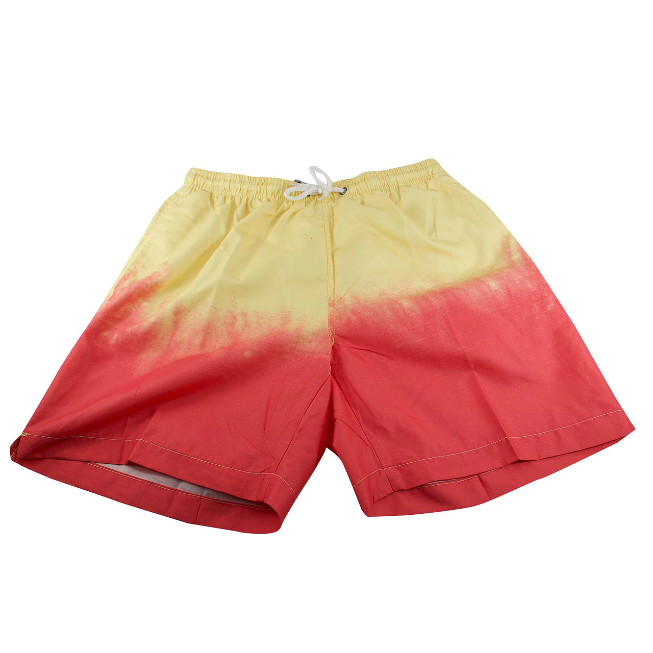 The coral reef dip dyed swim trunks go from light yellow to coral