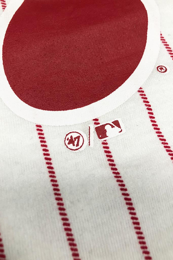 Phillies Vintage T-Shirt | Philadelphia Phillies Retro White 3/4 Sleeve | Phillies Throwback White/Red Pinstriped 3/4 Sleeve Shirt detail shot