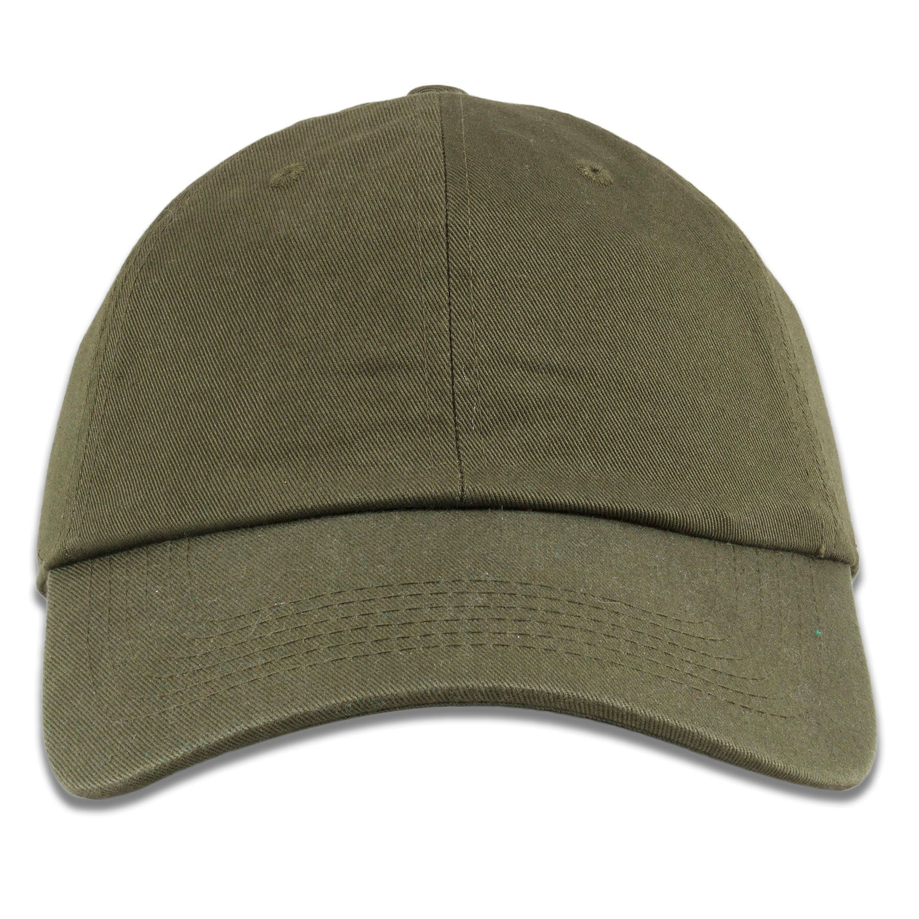The olive blank baseball cap is olive green with an unstructured crown and bent brim