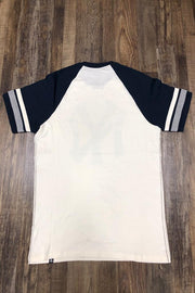 on the back of the New York Yankees Throwback Vintage 2-Tone T-Shirt | Distressed Yankees Logo Cooperstown Collection Heritage Opener Tee are authentic raglan baseball sleeves with grey stripes