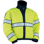 the Police Public Safety | High-Vis Reversible Safety Green and Navy Blue Windbreaker | Scotchlite Ike-Length Reflective Bomber Jacket has a neon yellow outside with silver stripes and a navy blue reverse side