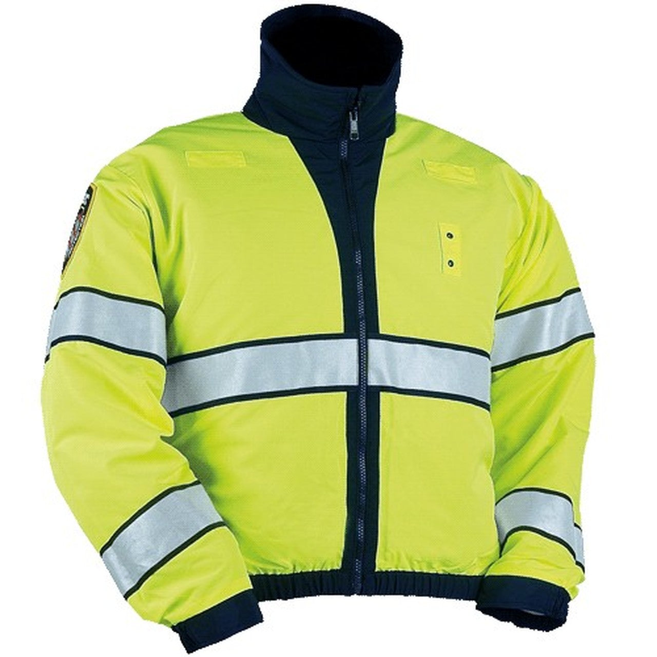 the Police Public Safety | High-Vis Reversible Safety Green and Black Windbreaker | Scotchlite Ike-Length Reflective Bomber Jacket has a neon yellow outside and a black reverse side