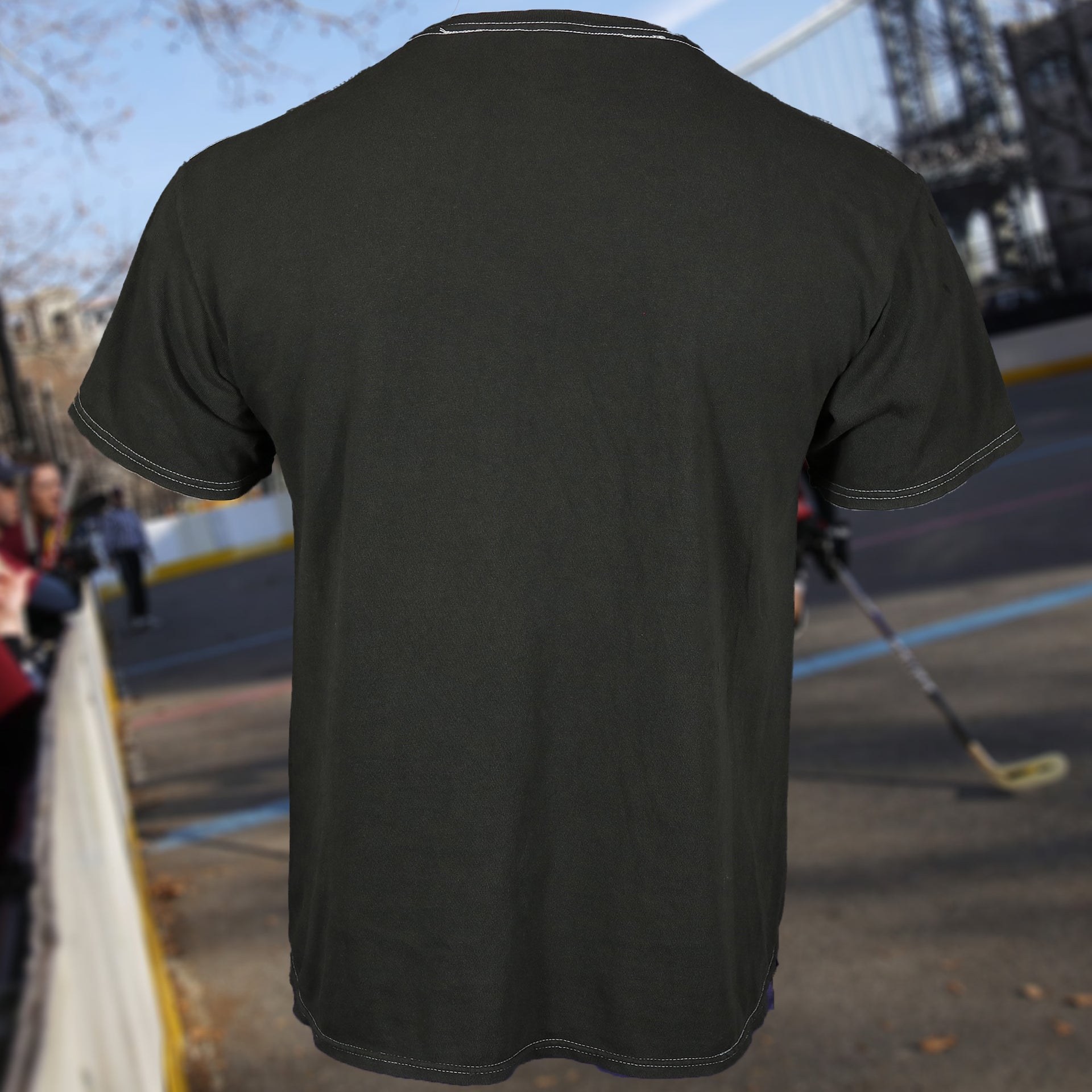 backside of the Philadelphia Flyers Liberty Bell Vintage Tubular Distressed T-Shirt | Flint Black