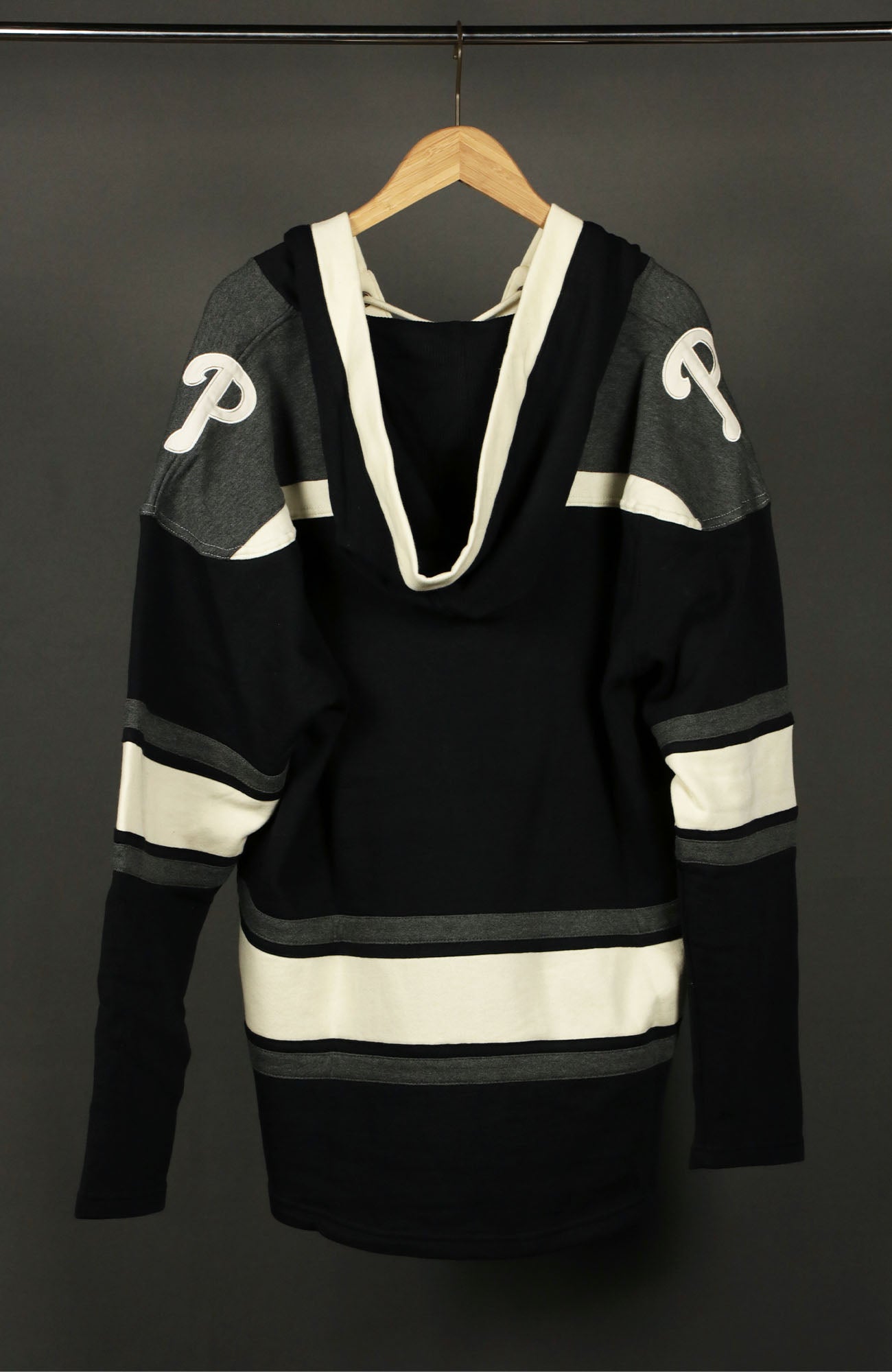 Backside of the Philadelphia Phillies Vintage Hockey 47 Lacer Hoodie |  Black, Gray, White