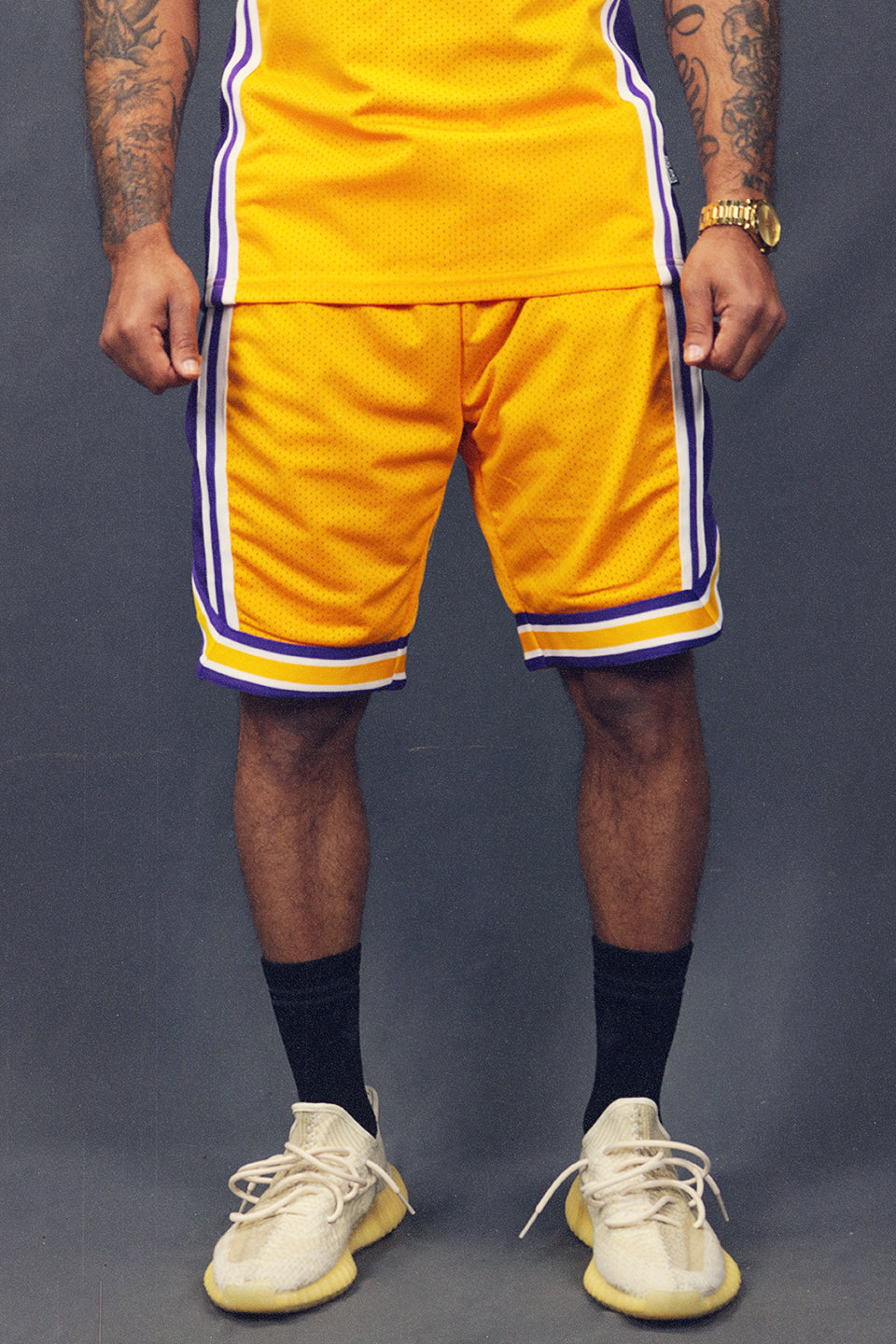 Front of the Men's Hooper Basketball Workout Gold Los Angeles Mesh Retro Shorts