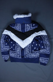 back view of the Navy Bandanna Print Jacket | Classic Paisley Pattern Winter Jacket | Faux Vegan Fur Hood