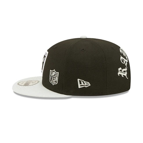 The New Era Logo on the Los Angeles Raiders Throwback Green Bottom Yellow Letter Arch 9Fifty Snapback Cap | Back Letter Arch Black 9Fifty