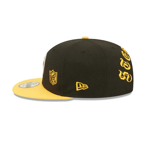 The New Era Logo on the Pittsburgh Steelers Throwback Green Bottom Yellow Letter Arch 9Fifty Snapback Cap | Back Letter Arch Black 9Fifty