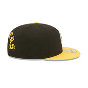 The wearer's right on the Pittsburgh Steelers Throwback Green Bottom Yellow Letter Arch 9Fifty Snapback Cap | Back Letter Arch Black 9Fifty