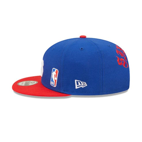 The New Era Logo on the Philadelphia 76ers Red Letter Arch Vintage Green Bottom NBA 9Fifty Snapback Hat | Back Letter Arch Royal Blue 9Fifty