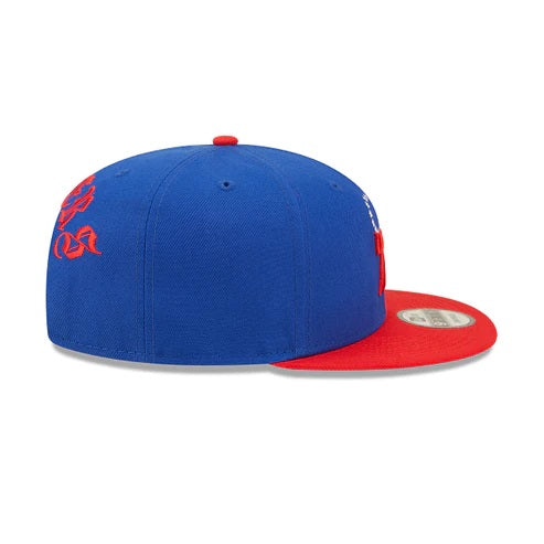 The wearer's right on the Philadelphia 76ers Red Letter Arch Vintage Green Bottom NBA 9Fifty Snapback Hat | Back Letter Arch Royal Blue 9Fifty