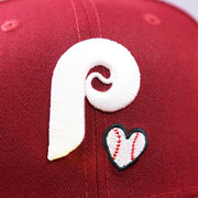 The Cooperstown Phillies Logo on the Cooperstown Philadelphia Phillies Baseball Heart Gray Bottom World Series 59Fifty Fitted Cap | Maroon 59Fifty Cap