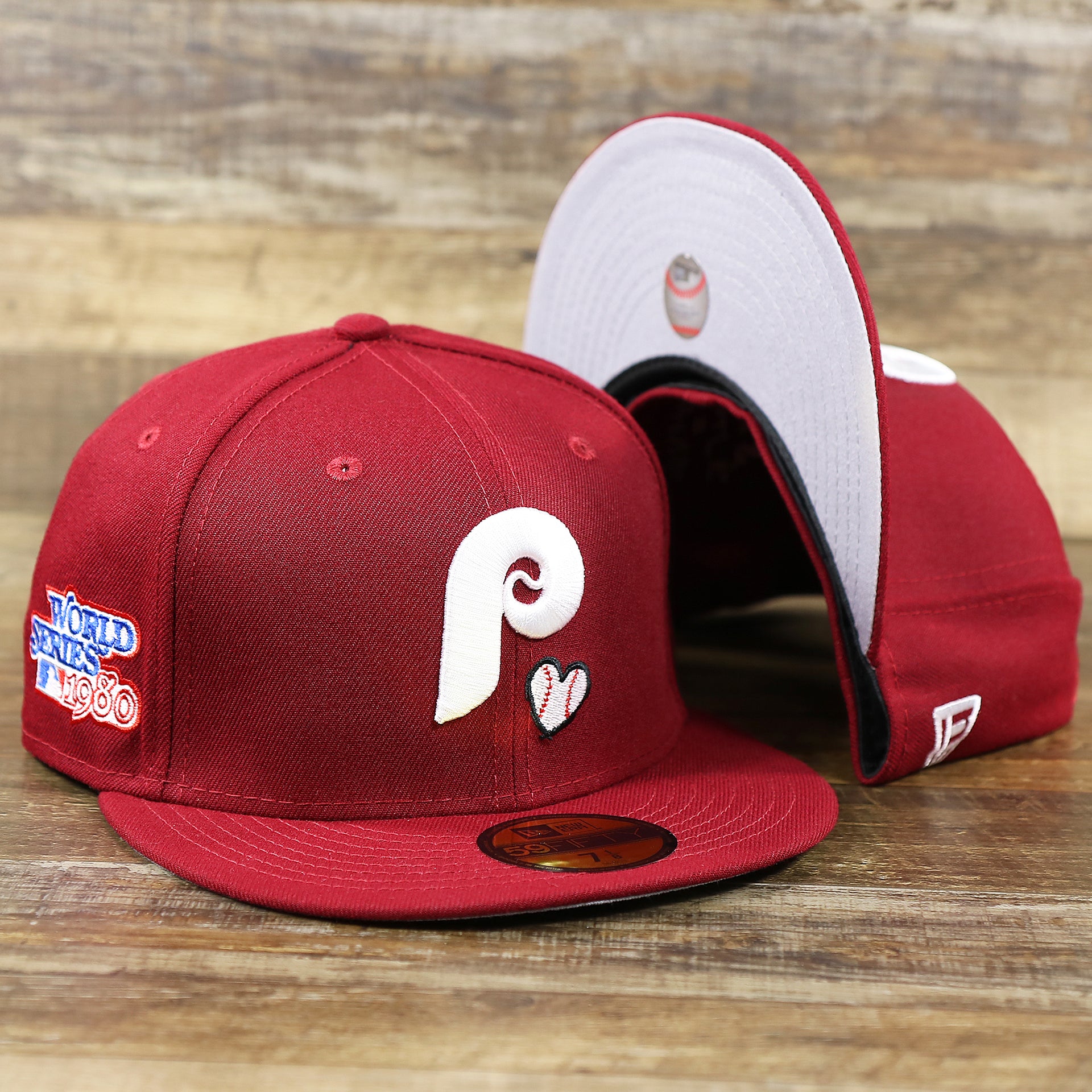 The Cooperstown Philadelphia Phillies Baseball Heart Gray Bottom World Series 59Fifty Fitted Cap | Maroon 59Fifty Cap