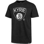 Printed on the front of the Kyrie Irving Brooklyn Nets Shield T-Shirt is the Nets logo with the word Kyrie in white