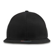 This blank black adjustable snapback hat has a black structured crown and a black flat brim