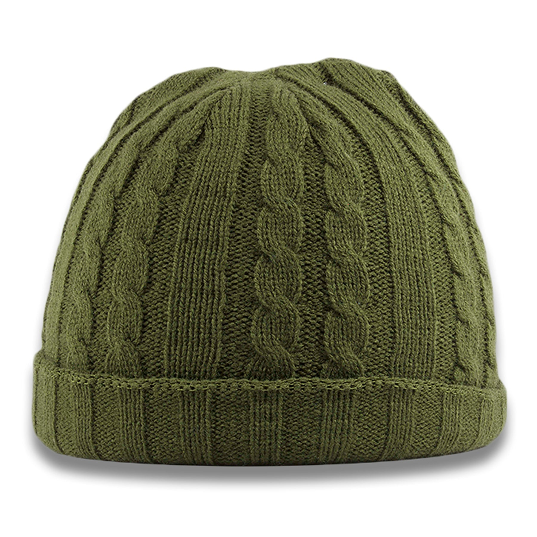 The olive cable knit beanie is olive green with a cable knit patter