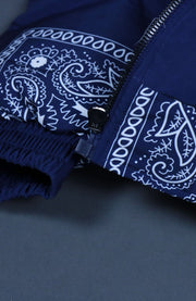 zipper view Navy Bandanna Print Jacket | Classic Paisley Pattern Winter Jacket | Faux Vegan Fur Hood