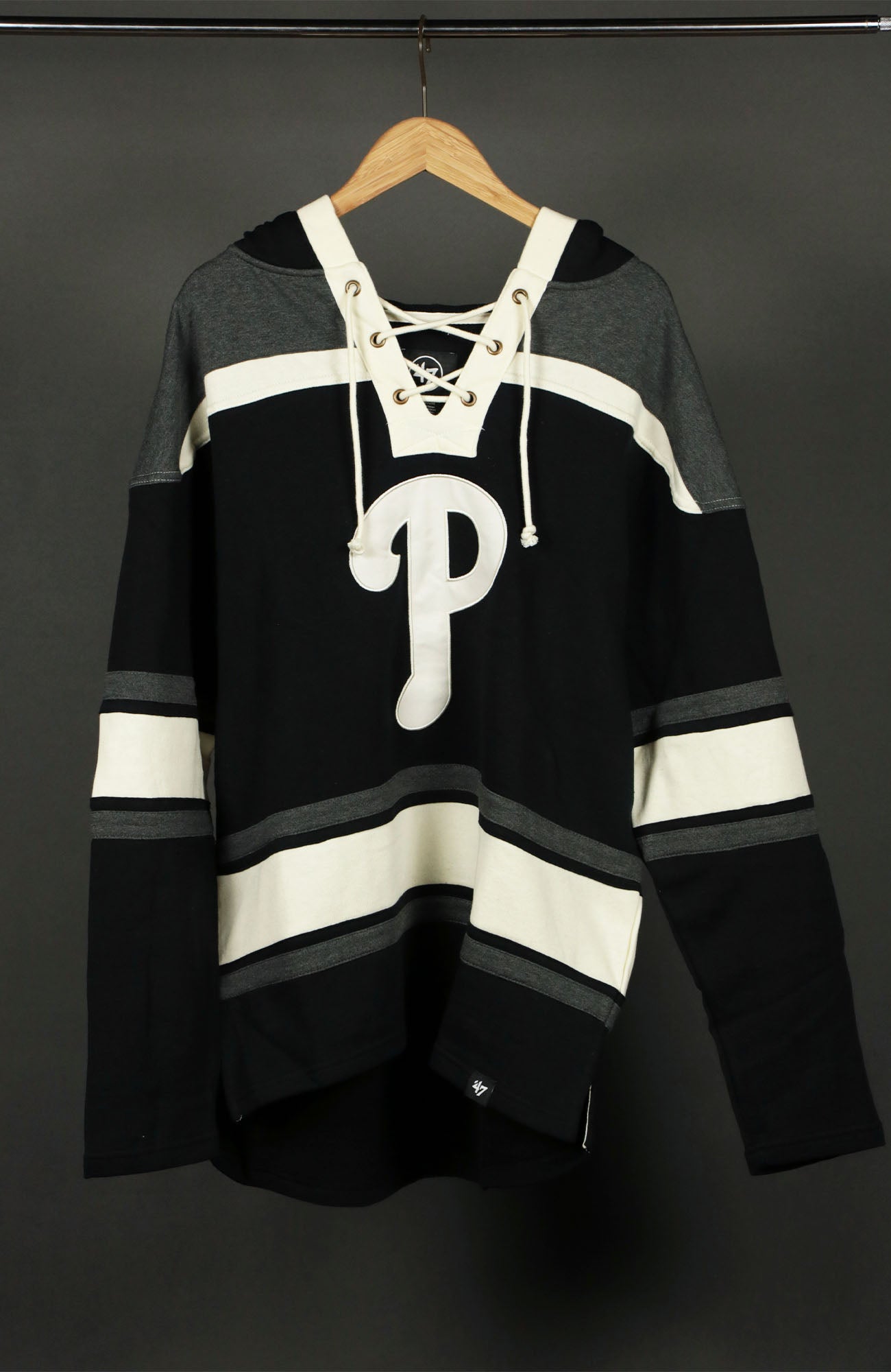 Front of the Philadelphia Phillies Vintage Hockey 47 Lacer Hoodie |  Black, Gray, White