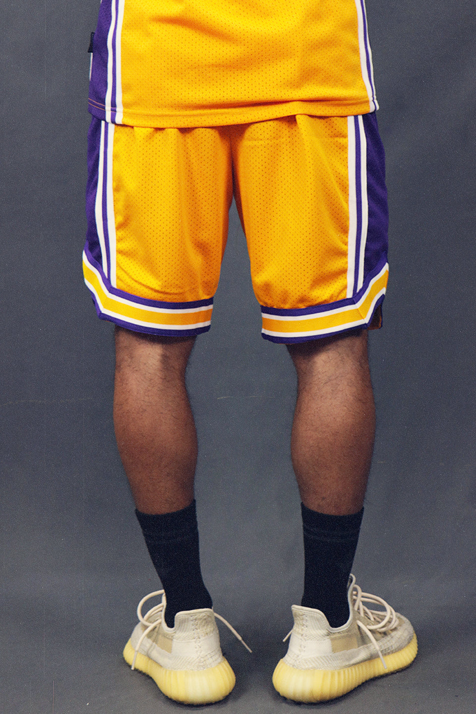 Back of the Men's Hooper Basketball Workout Gold Los Angeles Mesh Retro Shorts