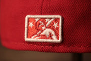 Grey Bottom Fitted Cap | Jawn Red Gray Bottom Fitted Hat the minor league baseball log is white and red