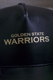 the Golden State Warriors Leather Snapback | Black Warriors Snap Back with Gold Foil Design warriors wordmark is made of gold