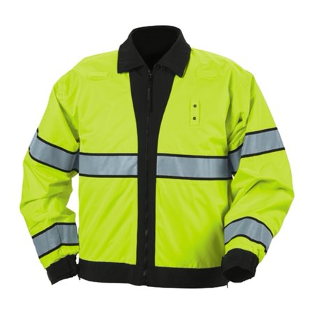 the inside of the Police Public Safety | Reversible Navy Blue Uniform Bomber Jacket | Waterproof Scotchlite Reflective Safety Green and Police Blue Rain Jacket is bright yellow with silver stripes like a safety vest