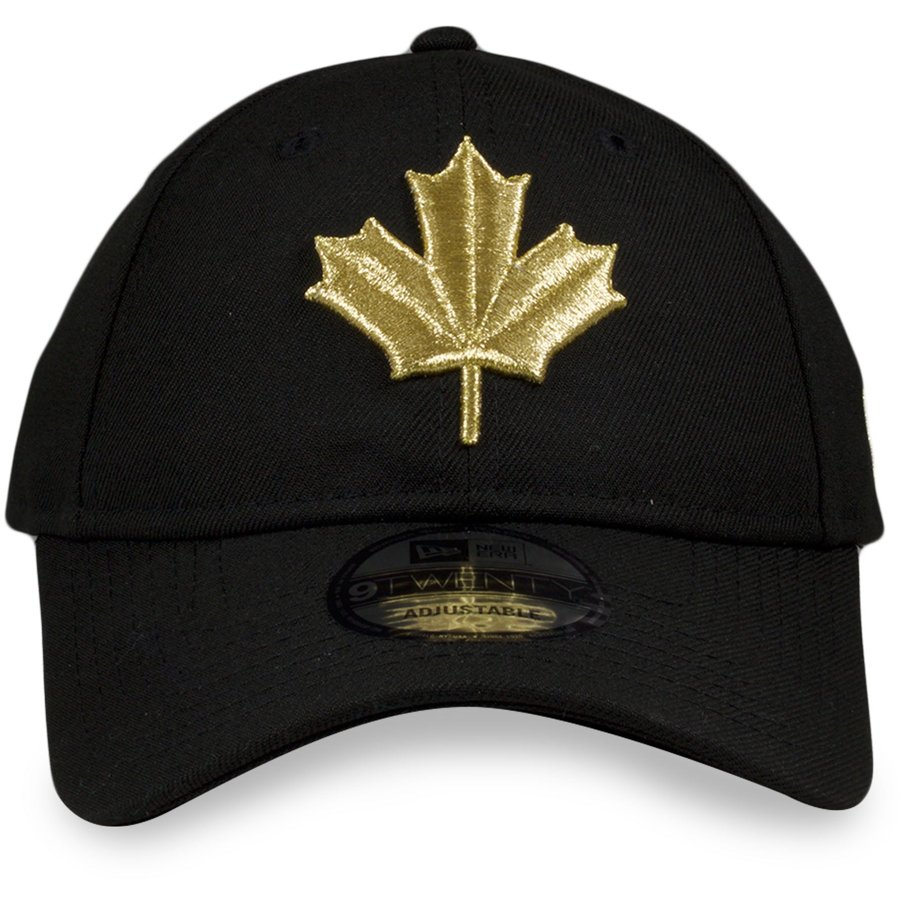 the Toronto Raptors 2019 NBA City Series Black Dad Hat | Metallic Gold Leaf Logo Raptors Baseball Cap has a shiny gold maple leaf on the front
