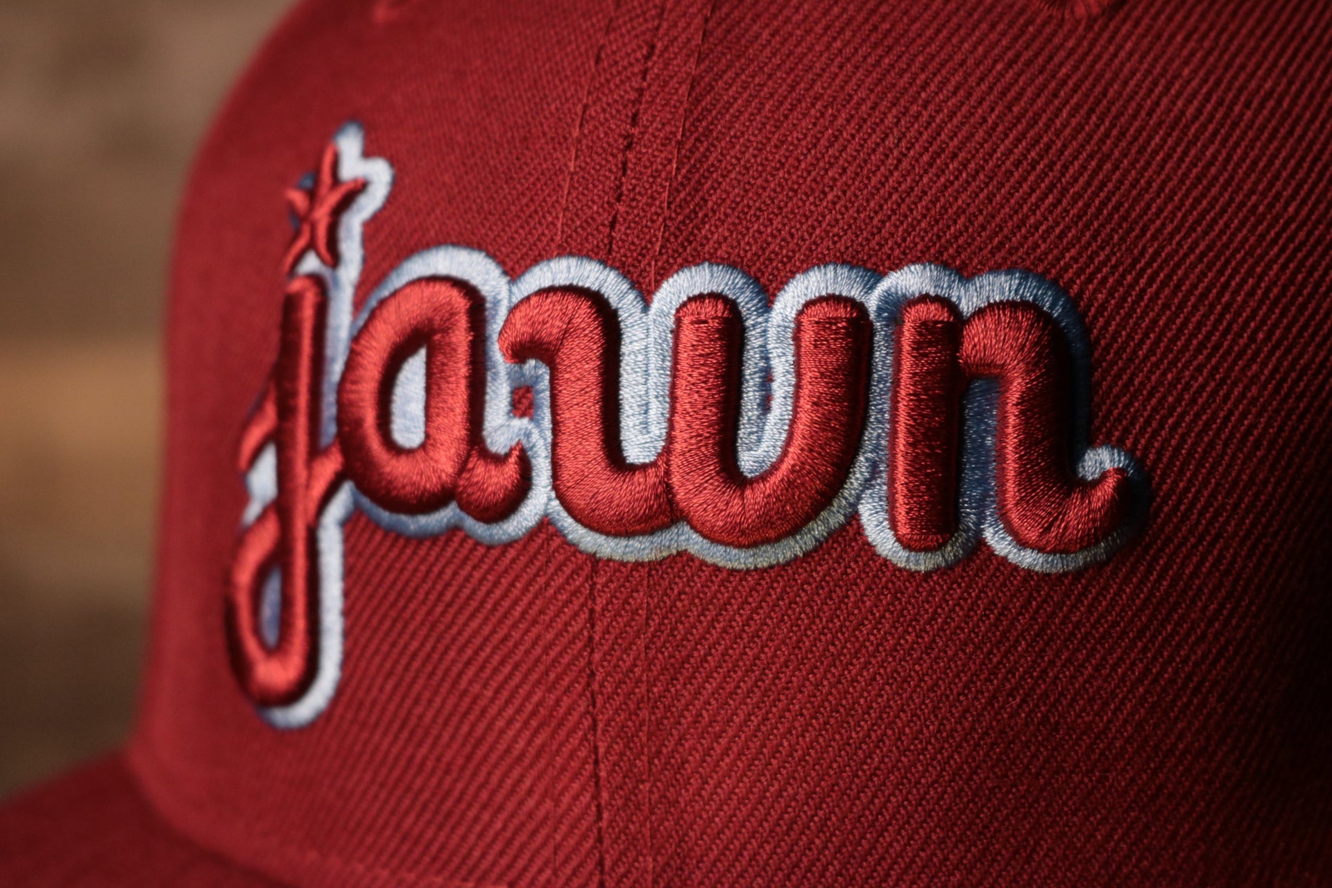 the word jawn is in burgundy and light blue for the phillies retro colors Grey Bottom Fitted Cap | Jawn Burgundy Gray Bottom Fitted Hat
