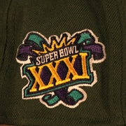 Close up of the Super Bowl XXI side patch on the Green Bay Packers "Patch Up" Super Bowl XXXI Side Patch Gray Bottom 9Fifty Navy Snapback Hat