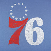 76ers logo on the front of the Philadelphia 76ers Distressed Throwback Logo Cadet Blue Premium Franklin T-Shirt