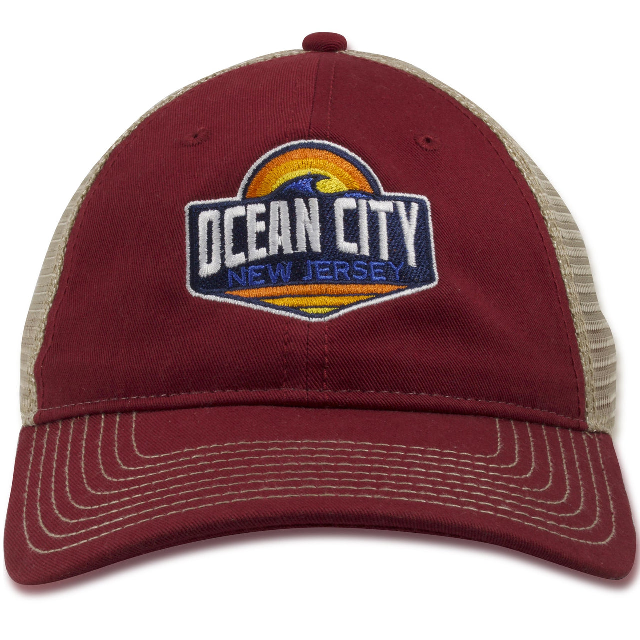 Ocean City, New Jersey Sunset Wave Cardinal Red / Khaki Mesh-Back Trucker Snapback Hat