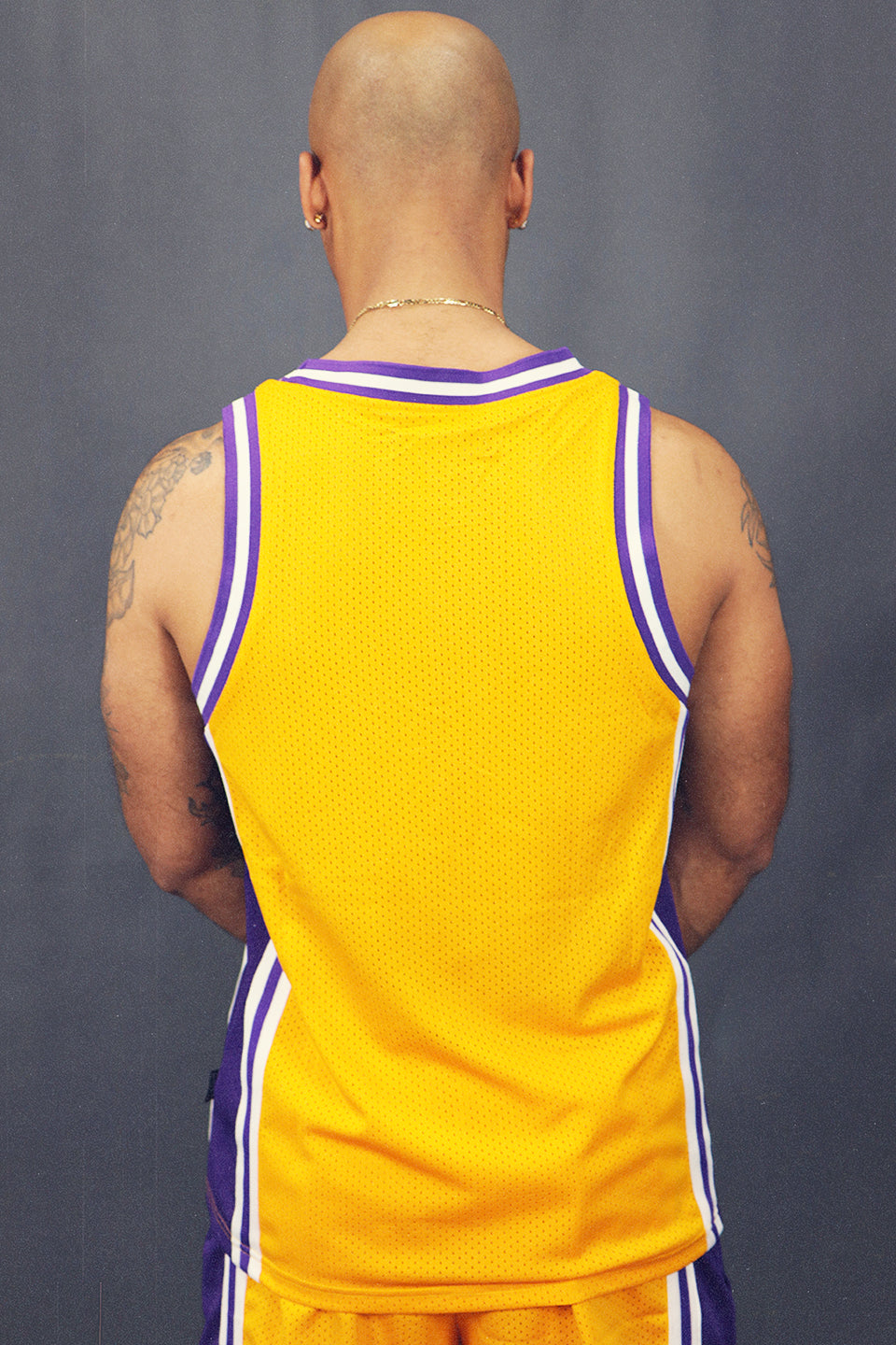 Back of the Men's Sleeveless Basketball Shirt Muscle Workout Gold Los Angeles Mesh Tank Top