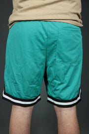 The backside of the San Antonio aqua men's mesh basketball shorts.