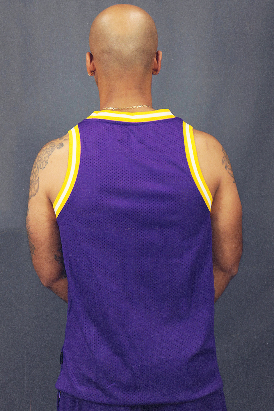 Back of the Men's Sleeveless Basketball Shirt Muscle Workout Purple Los Angeles Mesh Tank Top