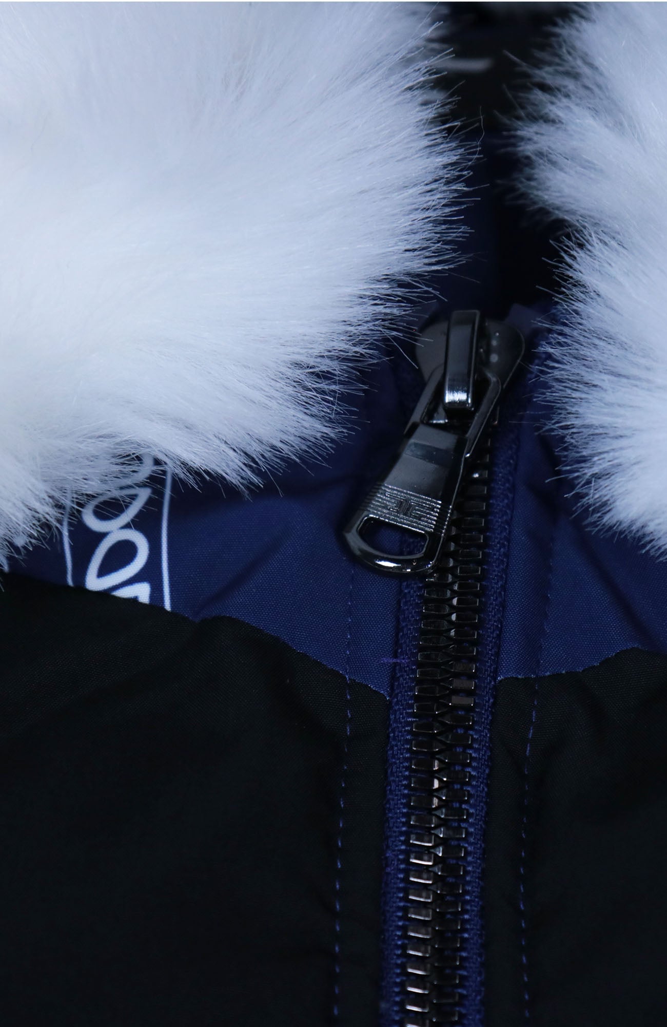 top of the zipper Navy Bandanna Print Jacket | Classic Paisley Pattern Winter Jacket | Faux Vegan Fur Hood