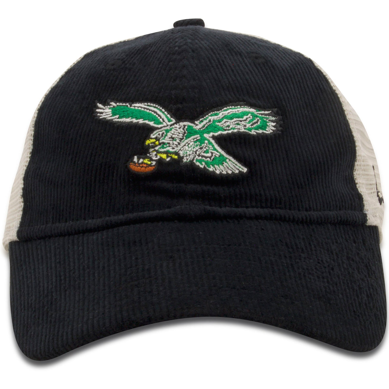 front of Eagles Mesh back hat | Philadelphia Birds Throwback Black Corduroy Trucker Hat