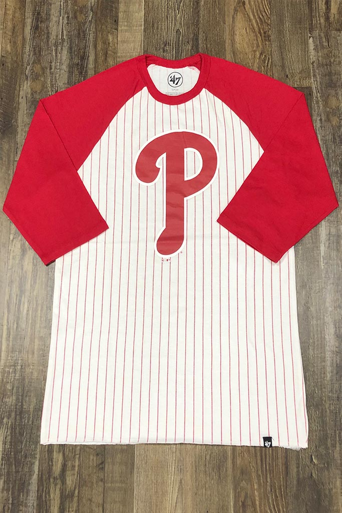 Phillies Vintage T-Shirt | Philadelphia Phillies Retro White 3/4 Sleeve | Phillies Throwback White/Red Pinstriped 3/4 Sleeve Shirt front shot