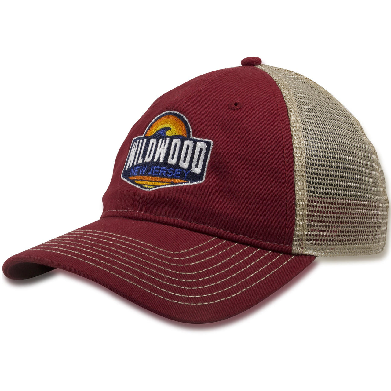 Wildwood New Jersey Sunset Wave Cardinal / Khaki Mesh-Back Trucker Hat