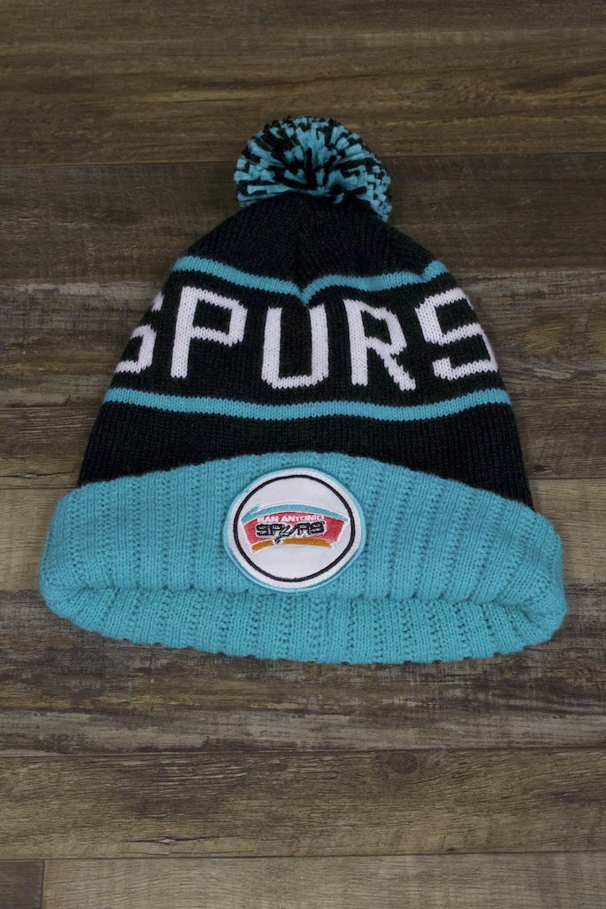 Spurs Beanie | San Antonio Spurs Vintage Mitchell and Ness Circle Patch Oversized Knit Pom Beanie