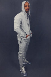 full view of the matching set with hood Men's Heather Grey Fleece Sweatpants Jogger Pants Bottom To Match Sneakers