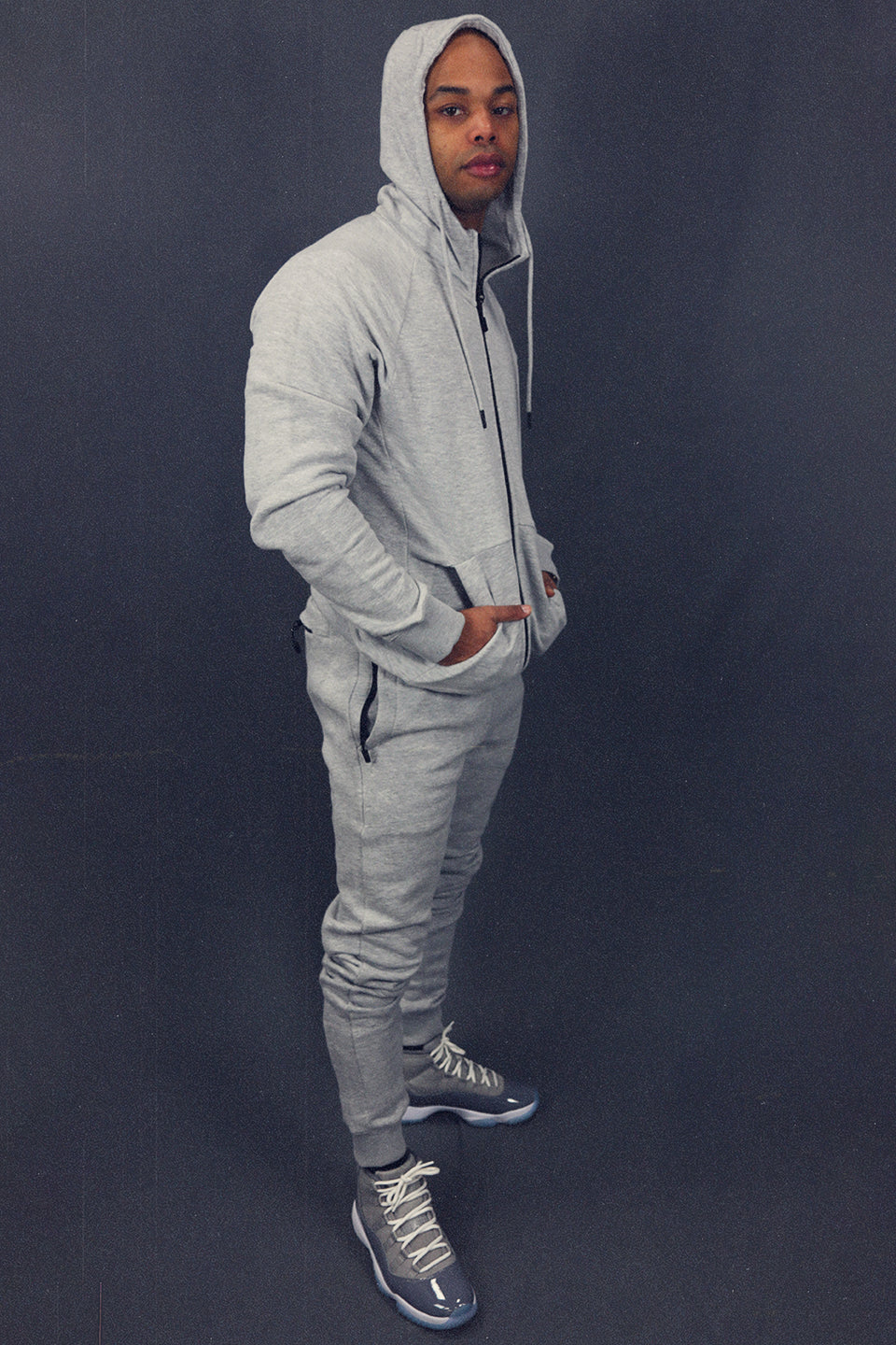 full view of the matching set with hood Men's Heather Grey Fleece Sweatpants Jogger Pants Bottom To Match Sneakers