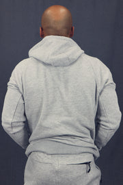 back view of the Men's Heather Grey Fleece Zip Up Hoodie Sweatshirt Jogger Top To Match Sneakers