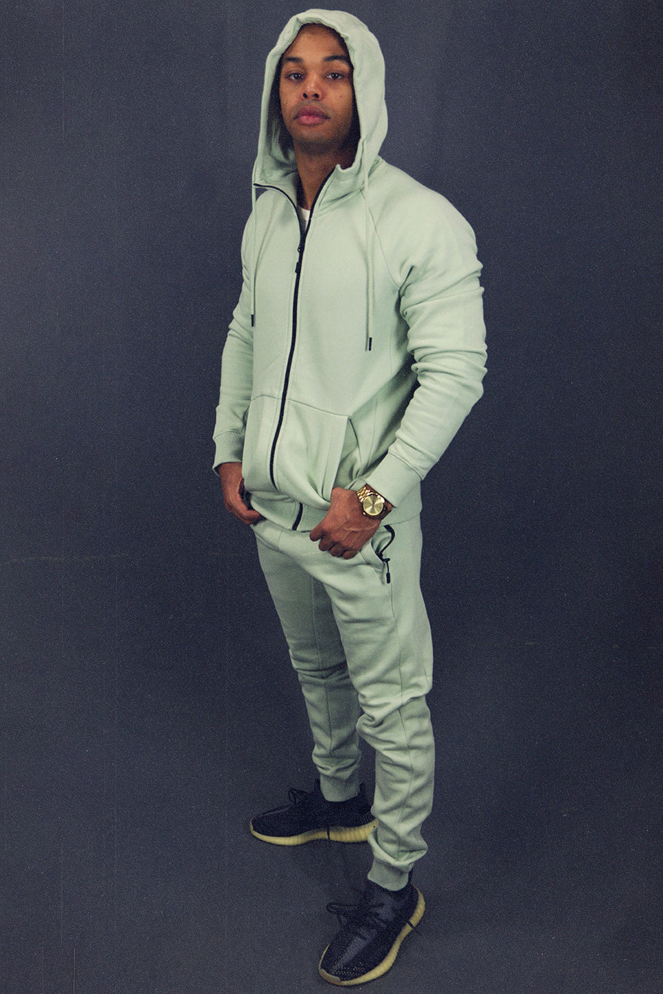 side view of the matching set Men's Sage Fleece Sweatpants Jogger Pants Bottom To Match Sneakers