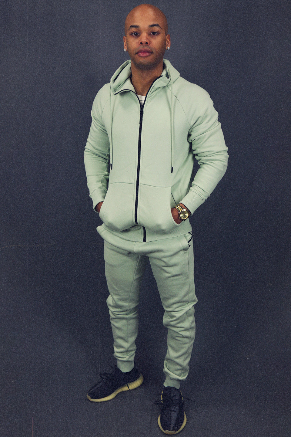 front view of the matching Men's Sage Fleece Sweatpants Jogger Pants Bottom To Match Sneakers