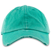The turquoise distressed dad hat has a soft unstructured crown and a bent brim