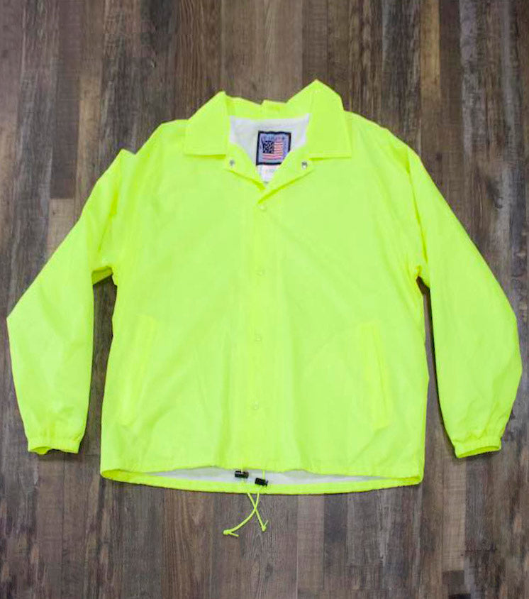 the Police Public Safety | Waterproof Safety Green Windbreaker | Waterproof Neon Yellow Flannel Lined Coach Jacket  has a drawstring at the bottom and snap buttons