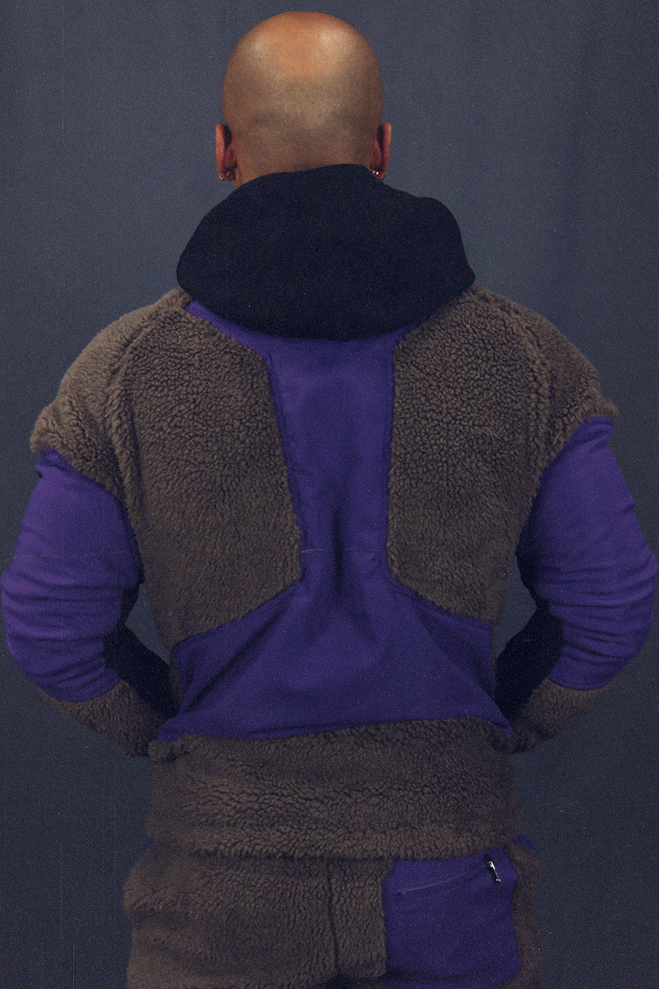 back of the Mocha Sherpa Tech Jacket With Zipper Pockets For Sherpa Two Piece Set To Match Sneakers