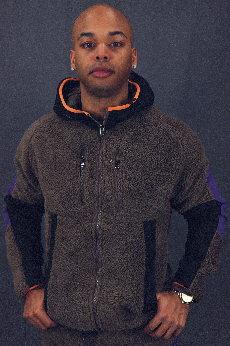 front of the Mocha Sherpa Tech Jacket With Zipper Pockets For Sherpa Two Piece Set To Match Sneakers