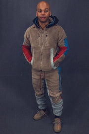 front of the matching Earth Sherpa Tech Jacket With Zipper Pockets For Sherpa Two Piece Set To Match Sneakers