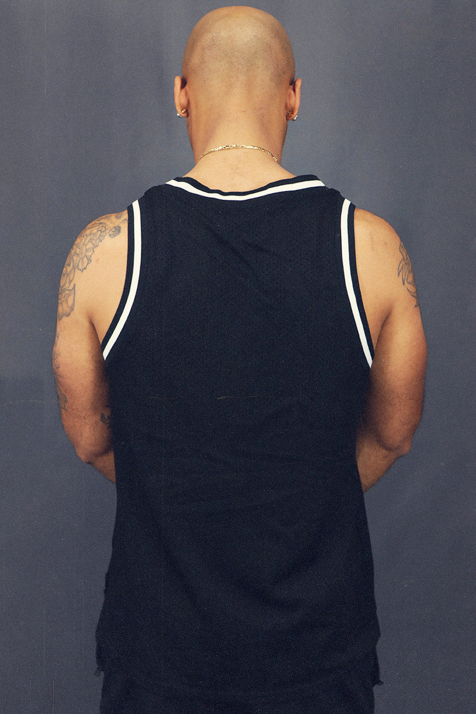 Back of the Men's Sleeveless Basketball Shirt Muscle Workout Black Brooklyn Mesh Tank Top